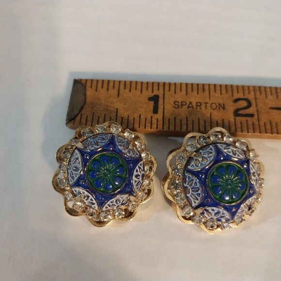 Vintage Mosaic Cabochon Earrings Blue Green White And Gold Tone - Picture 4 of 4